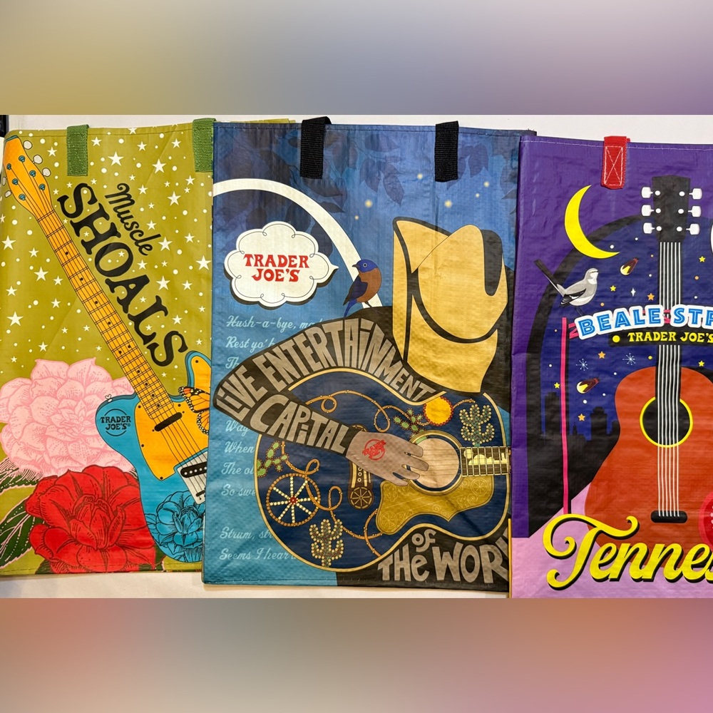 Trader Joe’s “Guitars” “Music” Reusable Shopping Bags TN AL & MO